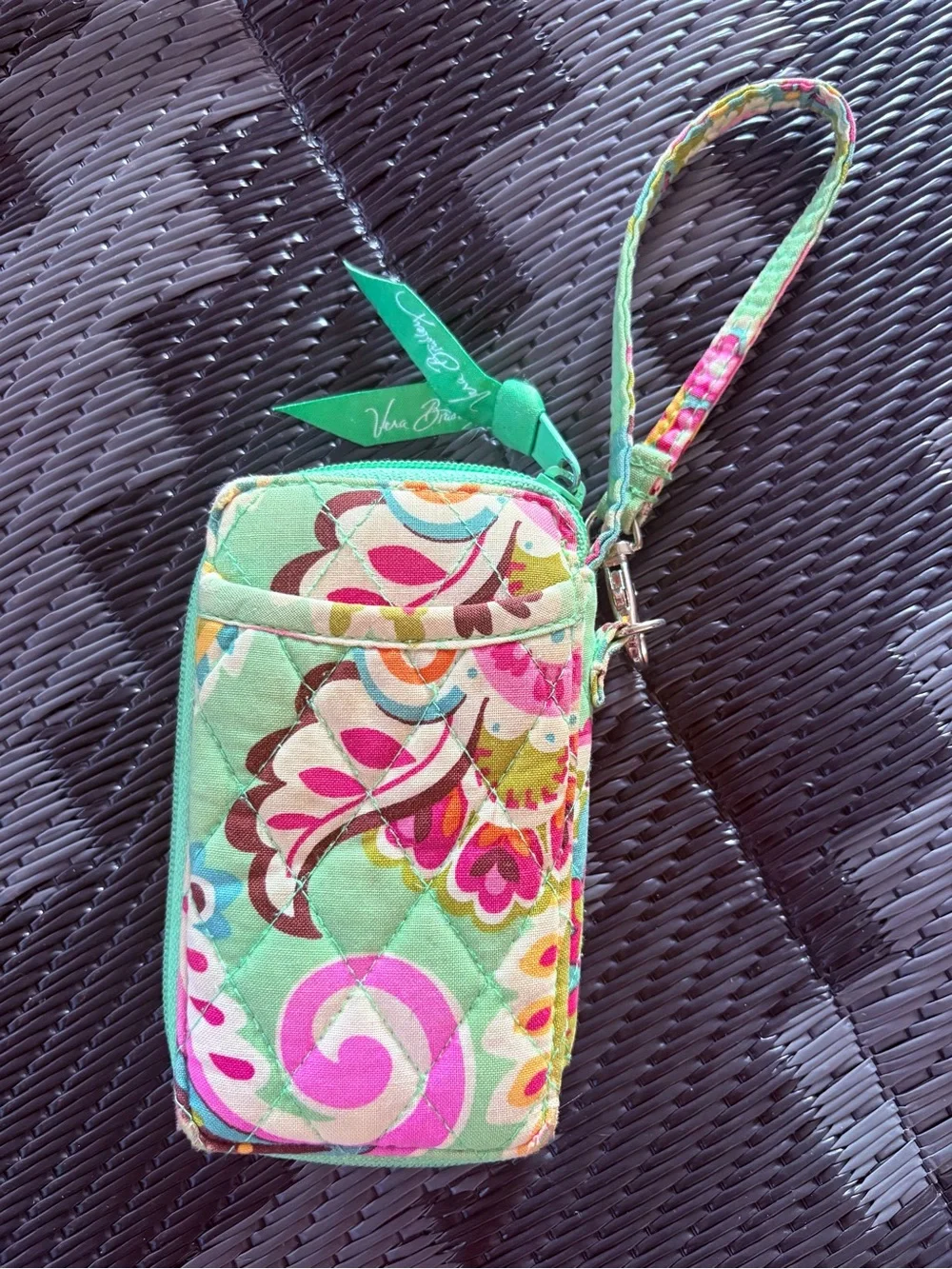 Vera Bradley Mint Green Floral Quilted Phone Wristlet with Pink Accents